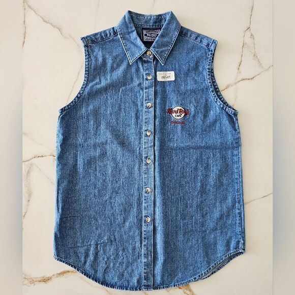 NEW Hard Rock Cafe Sleeveless Denim Shirt Button Front Sz L CHICAGO - Picture 1 of 14